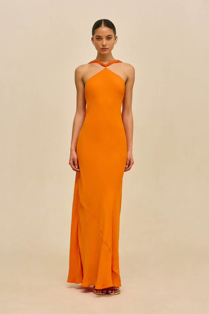 persimmon colored bridesmaid dresses Pheobe Gown | neckline in the front