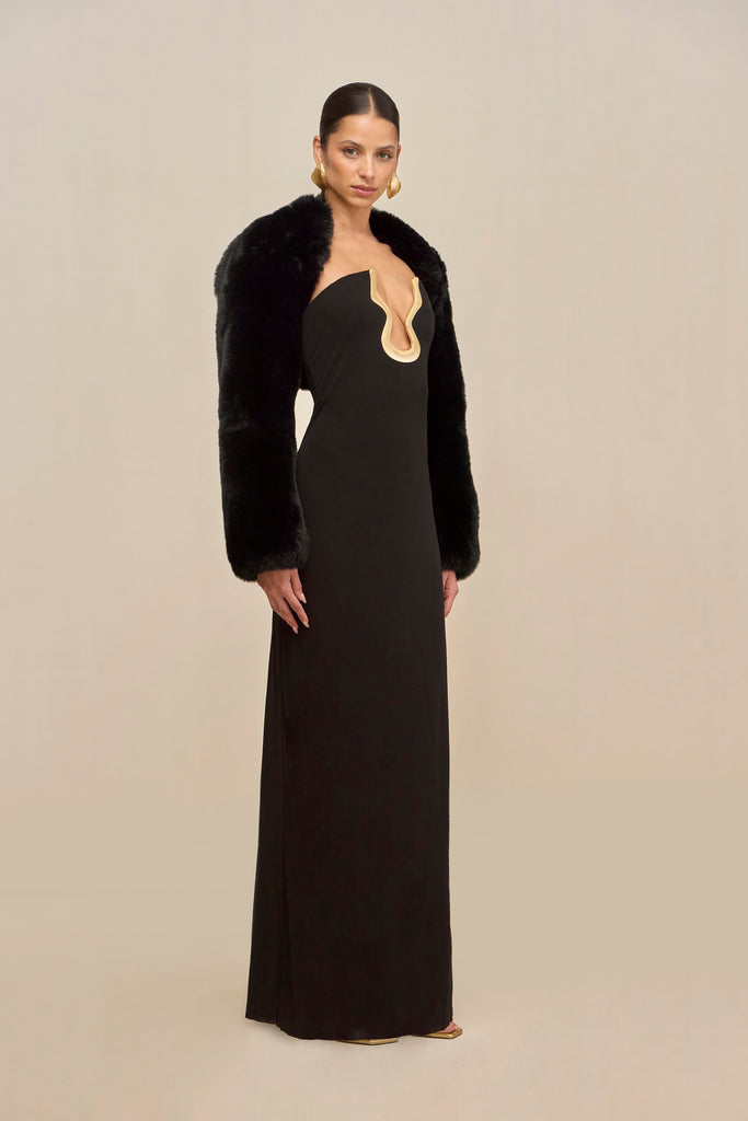 black dress fur Cult Gaia Abril Gown in Length:MAXI Coogi Dress Coogi Og and seasonal celebrations. Color:Storm Grey
