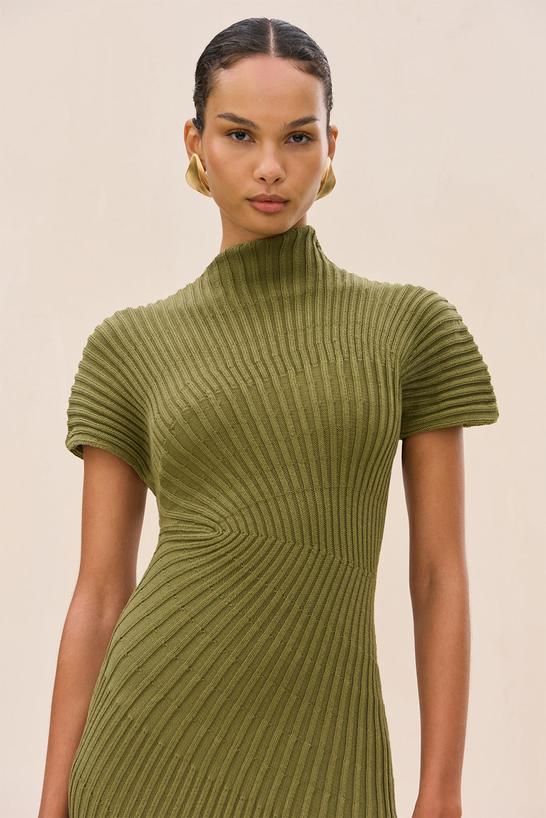 Chrysta Turtleneck Rib Midi Sweater Dress in Green Chrysta Turtleneck Rib Midi Sweater Dress in Green