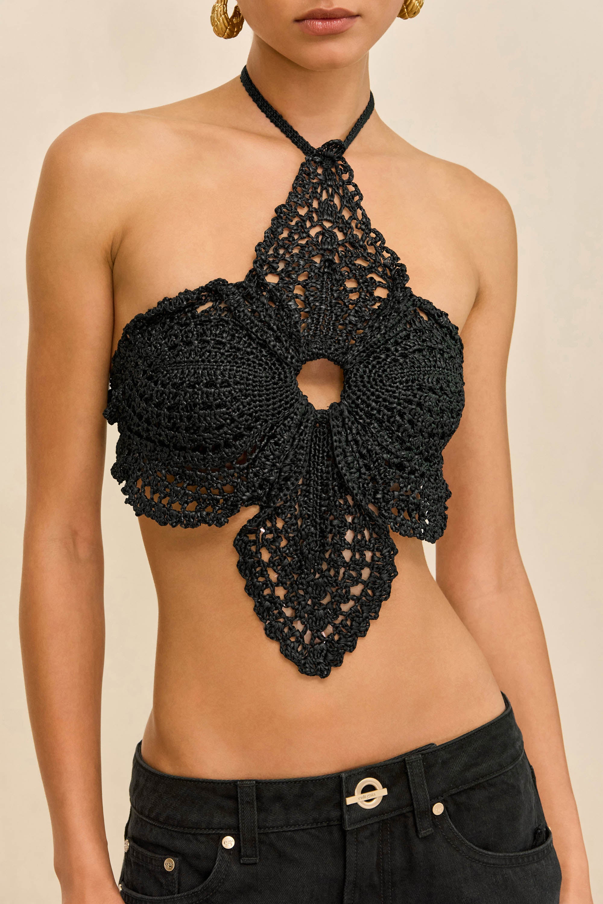 トップス Crochet frill knit tops color black ANDMARY】Crochet frill knit tops