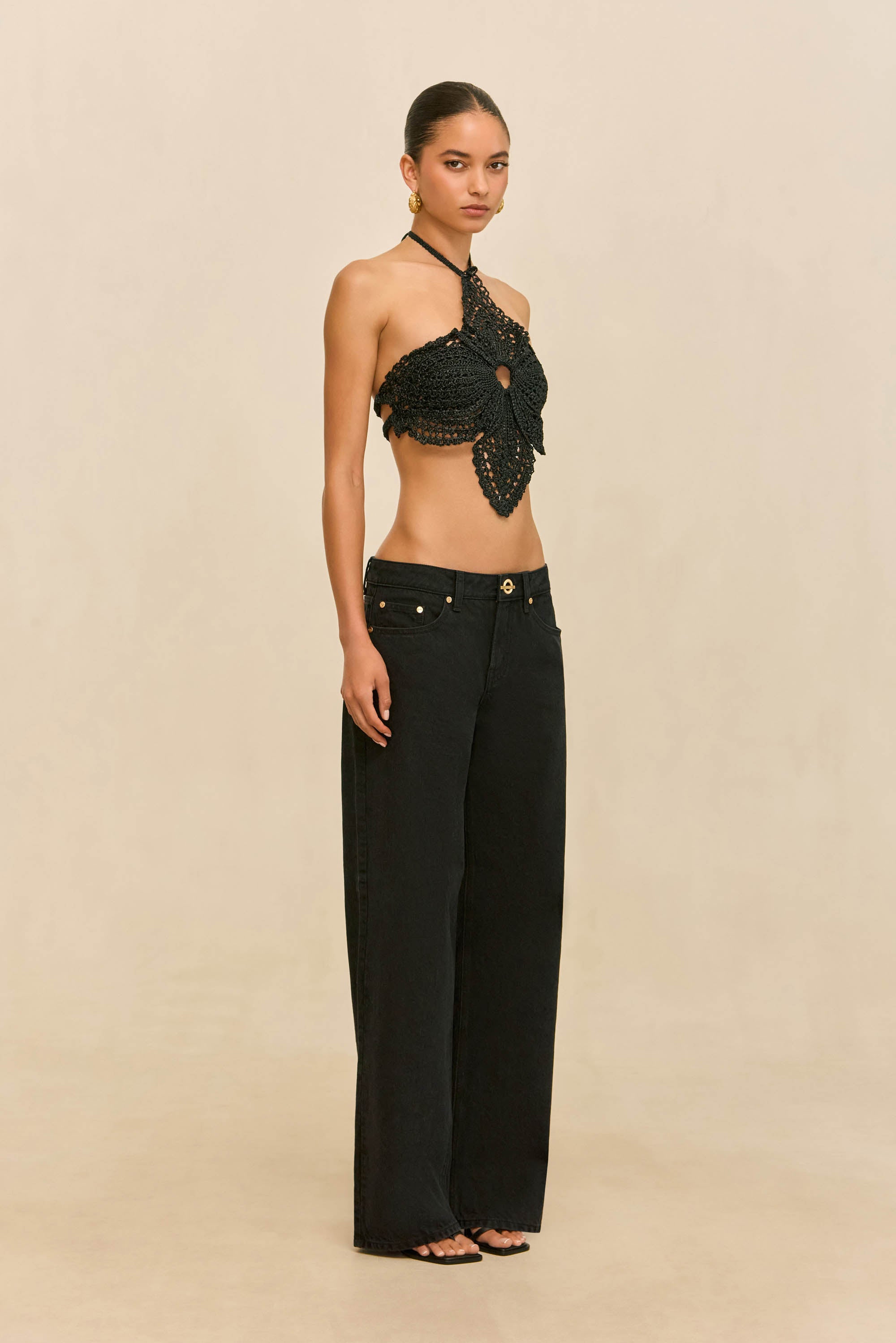 トップス Crochet frill knit tops color black Toulon Top - Black Lace Crochet – Monday Swimwear