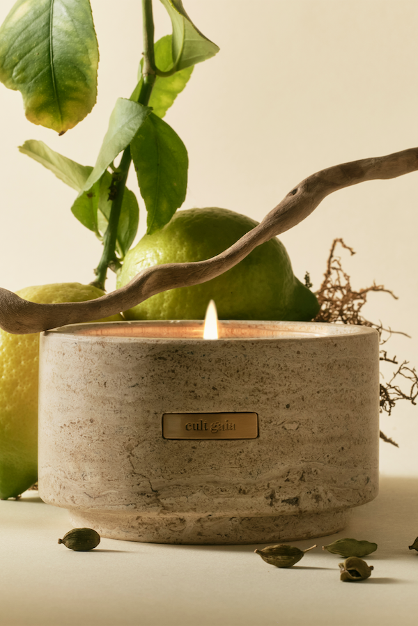 TRAVERTINE VESSEL & CANDLE