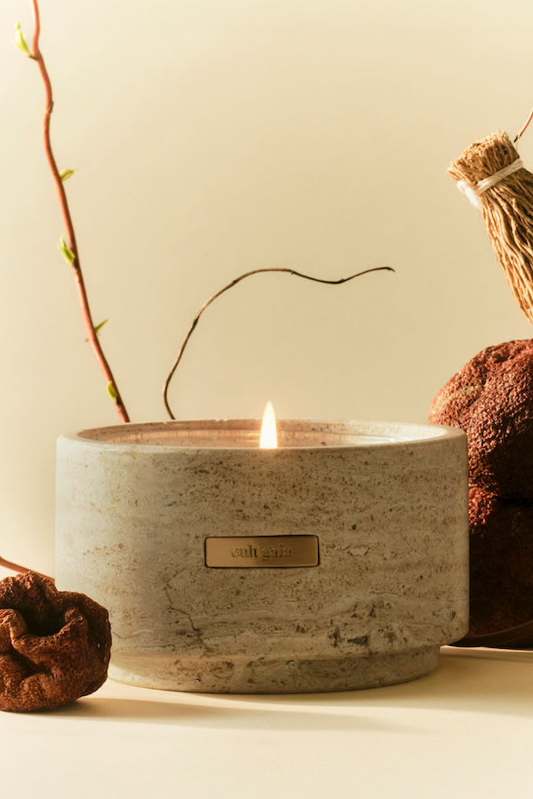 TRAVERTINE VESSEL & CANDLE