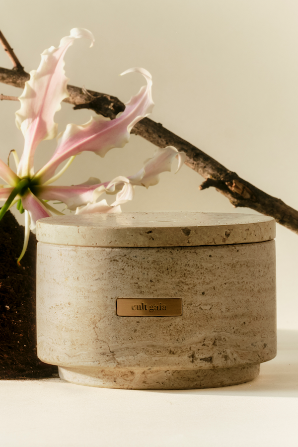 TRAVERTINE VESSEL & CANDLE